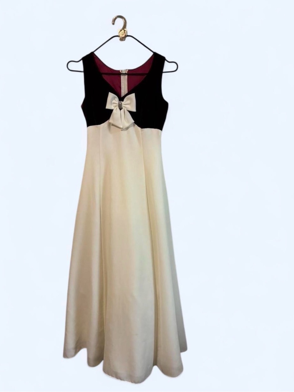 Vintage Burgundy Velvet & White Empire Waist Gown - Rhinestone Bow